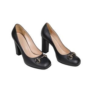 GUCCI Black Miro Soft Horsebit Pumps Block Heel Square Toe Womens EU 37.5 US 7.5
